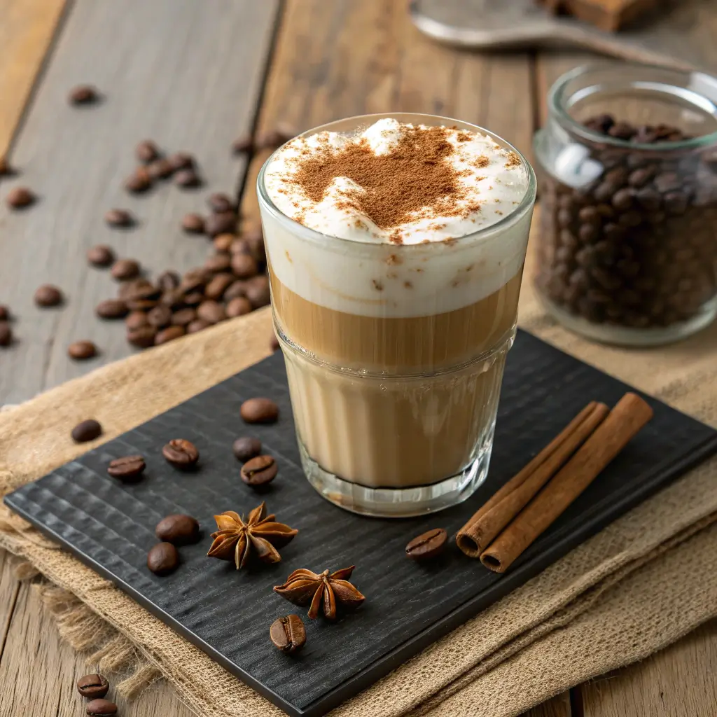 Coffee loophole drink with frothy milk and cinnamon
