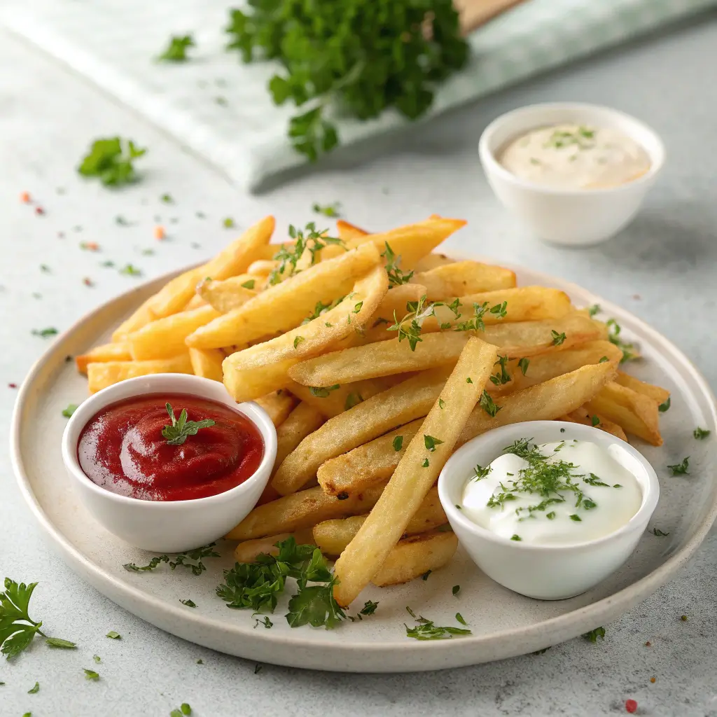 Crispy golden frozen french fries served with dipping sauces.