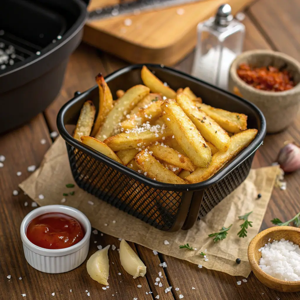 Crispy French fries in an air fryer basket