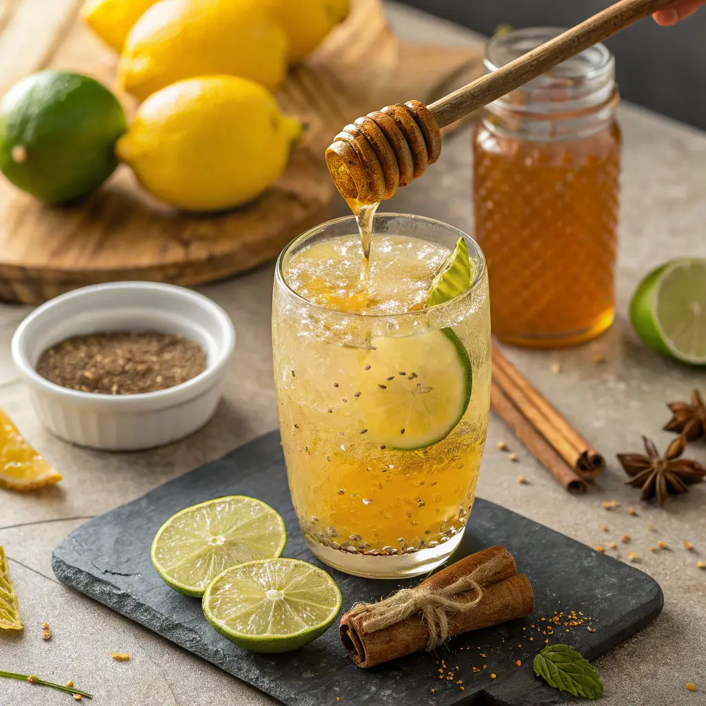 A glass of golden lemon-lime detox drink with sparkling bubbles, garnished with citrus slices, as honey is drizzled from a honey dipper, surrounded by fresh lemons, a jar of honey, cinnamon sticks, and spices on a rustic table.
