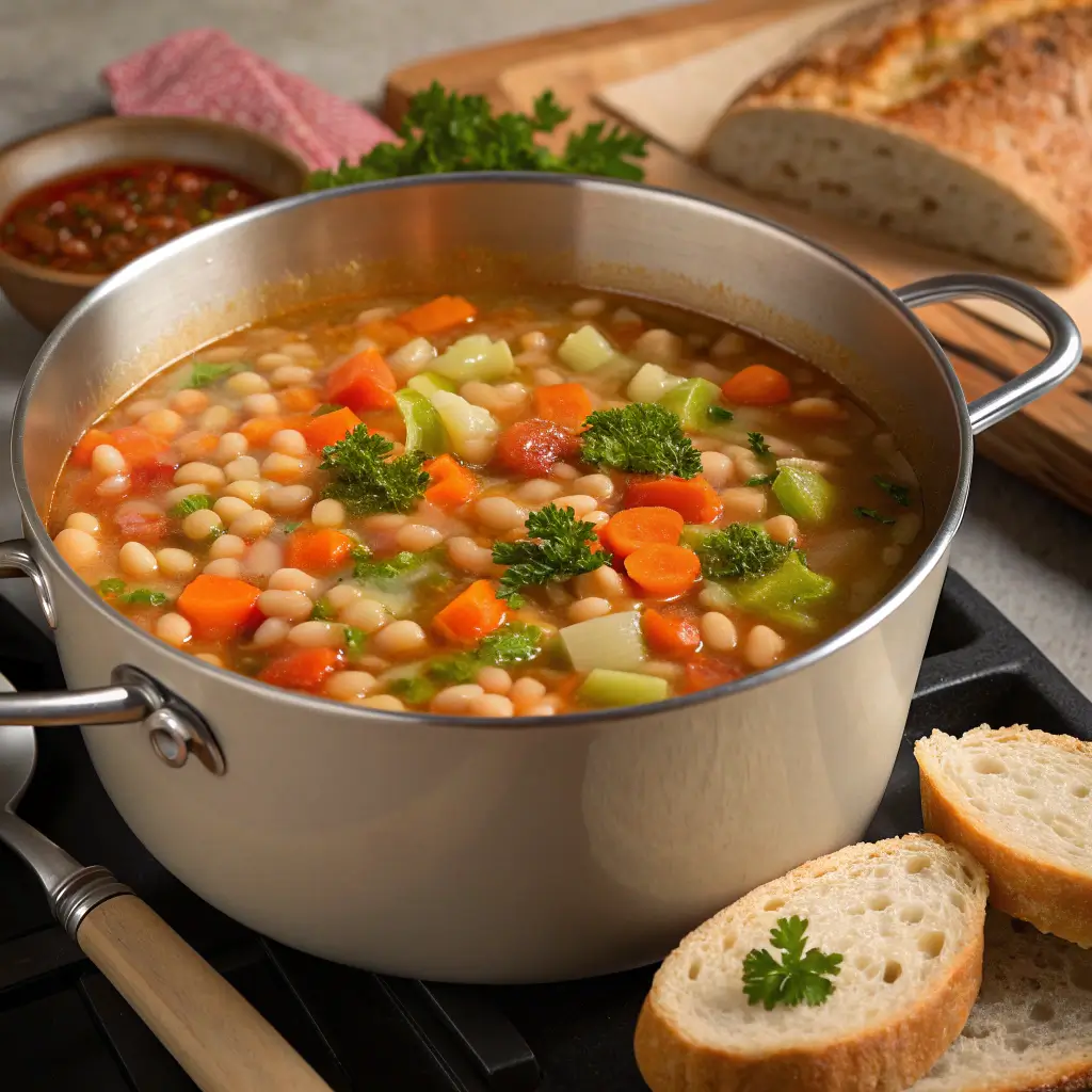 Navy bean soup in a pot