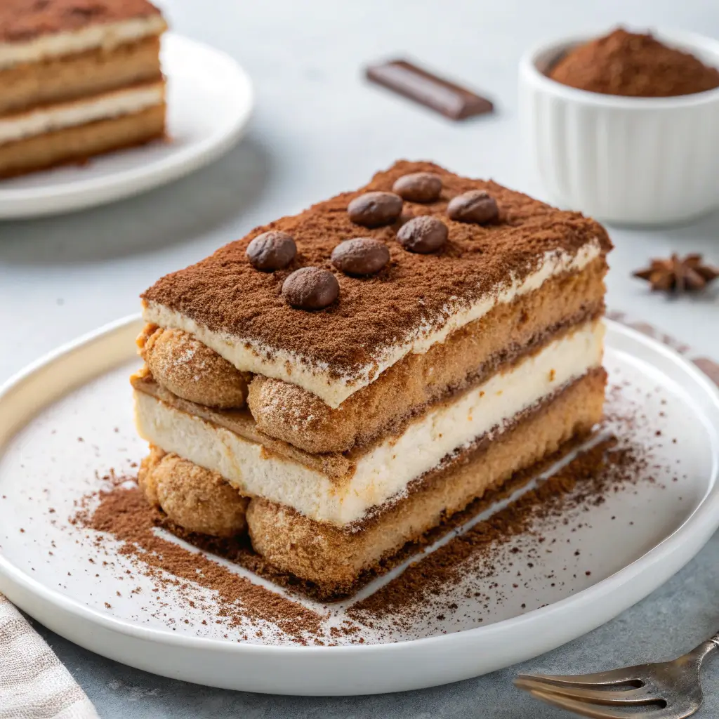 Delicious tiramisu cake with cocoa dusting