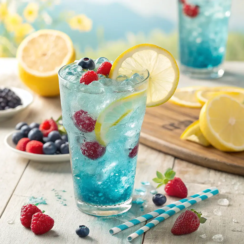 A glass of blue raspberry lemonade Kool-Aid.