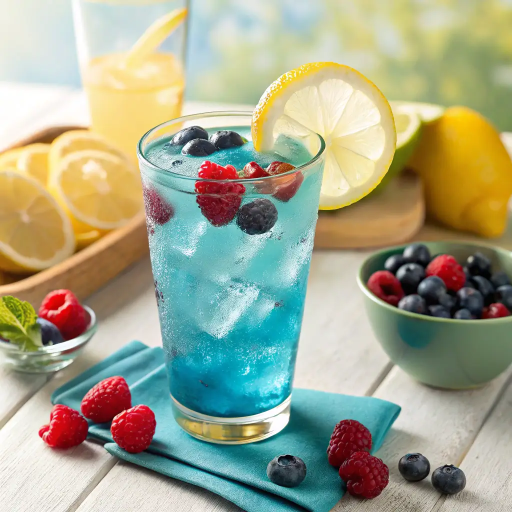 Blue raspberry lemonade Kool-Aid in a pitcher with ice and garnishes.