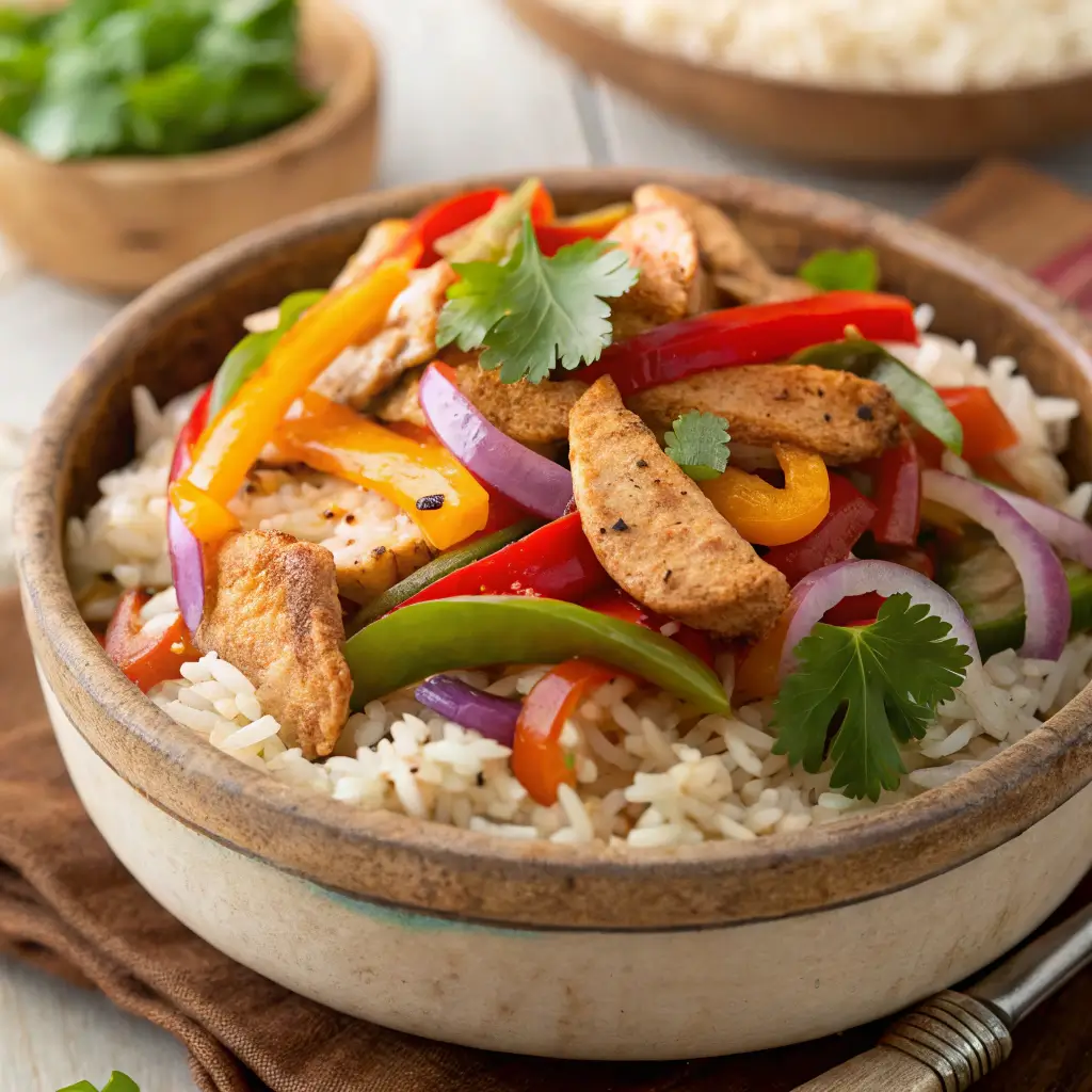 Chicken fajita rice bowl with colorful ingredients.