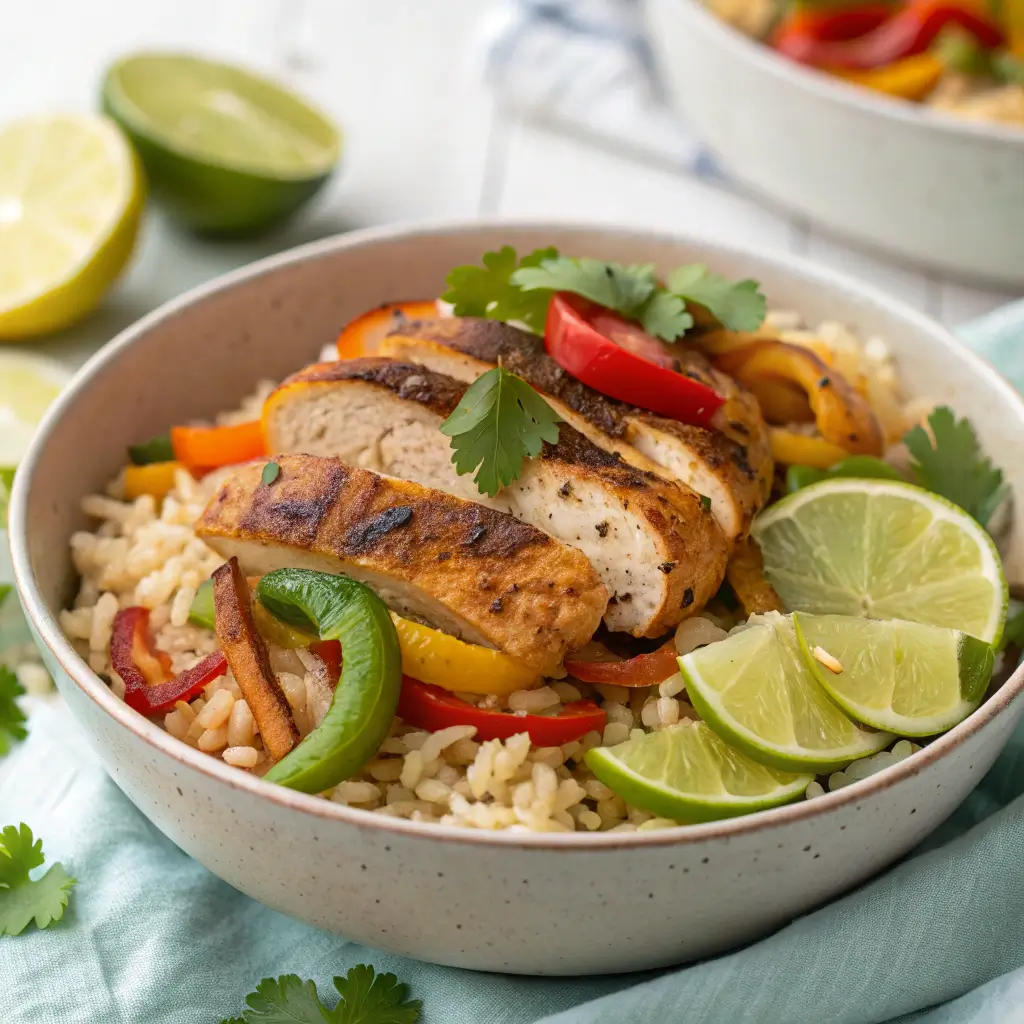 Plated chicken fajita rice bowl.