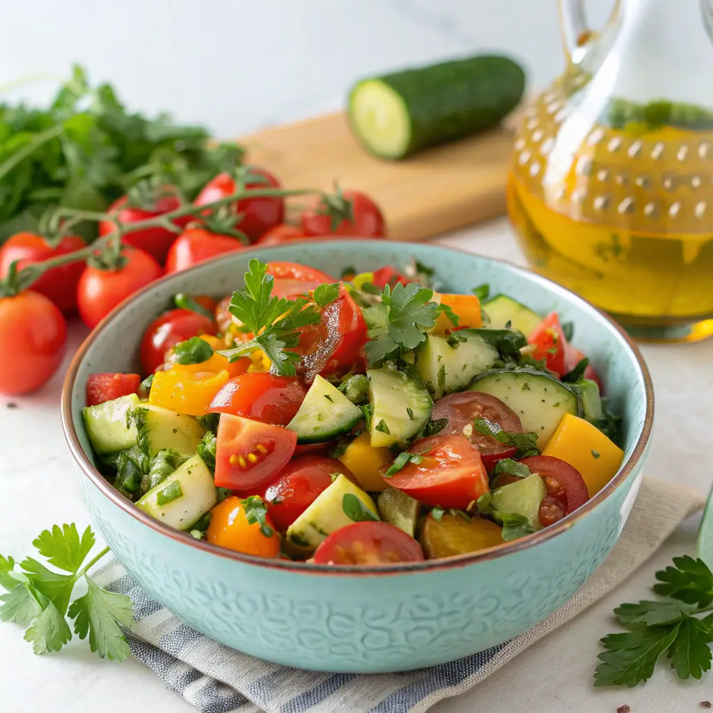 Plated cucumber and tomato salad