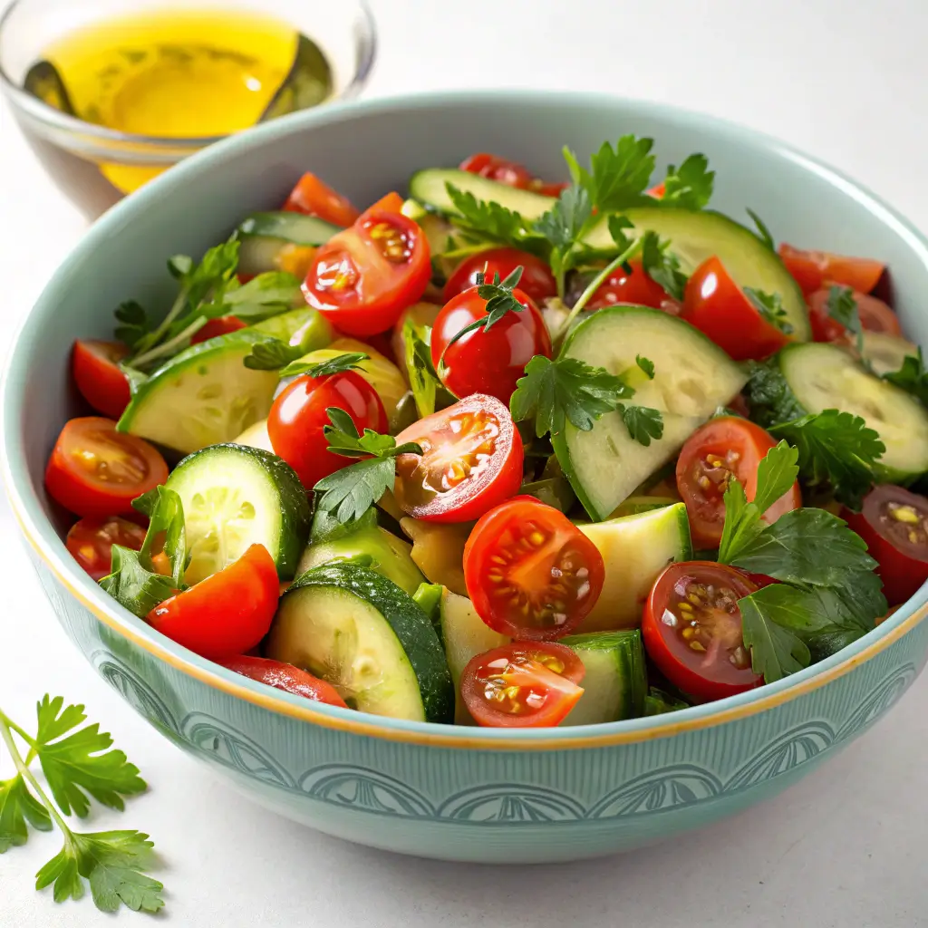 Cucumber and tomato salad in a bowl