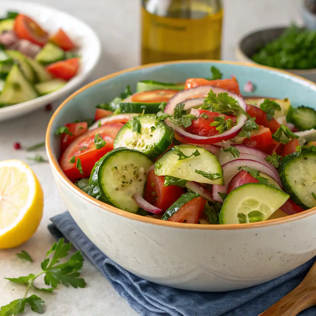 Plated cucumber tomato onion salad