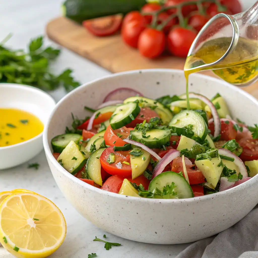Cucumber tomato onion salad in a bowl