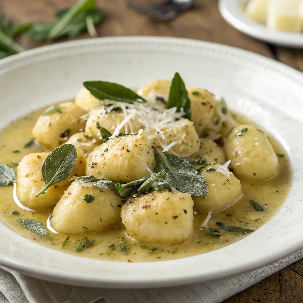 Delicious potato gnocchi served with sage butter sauce.