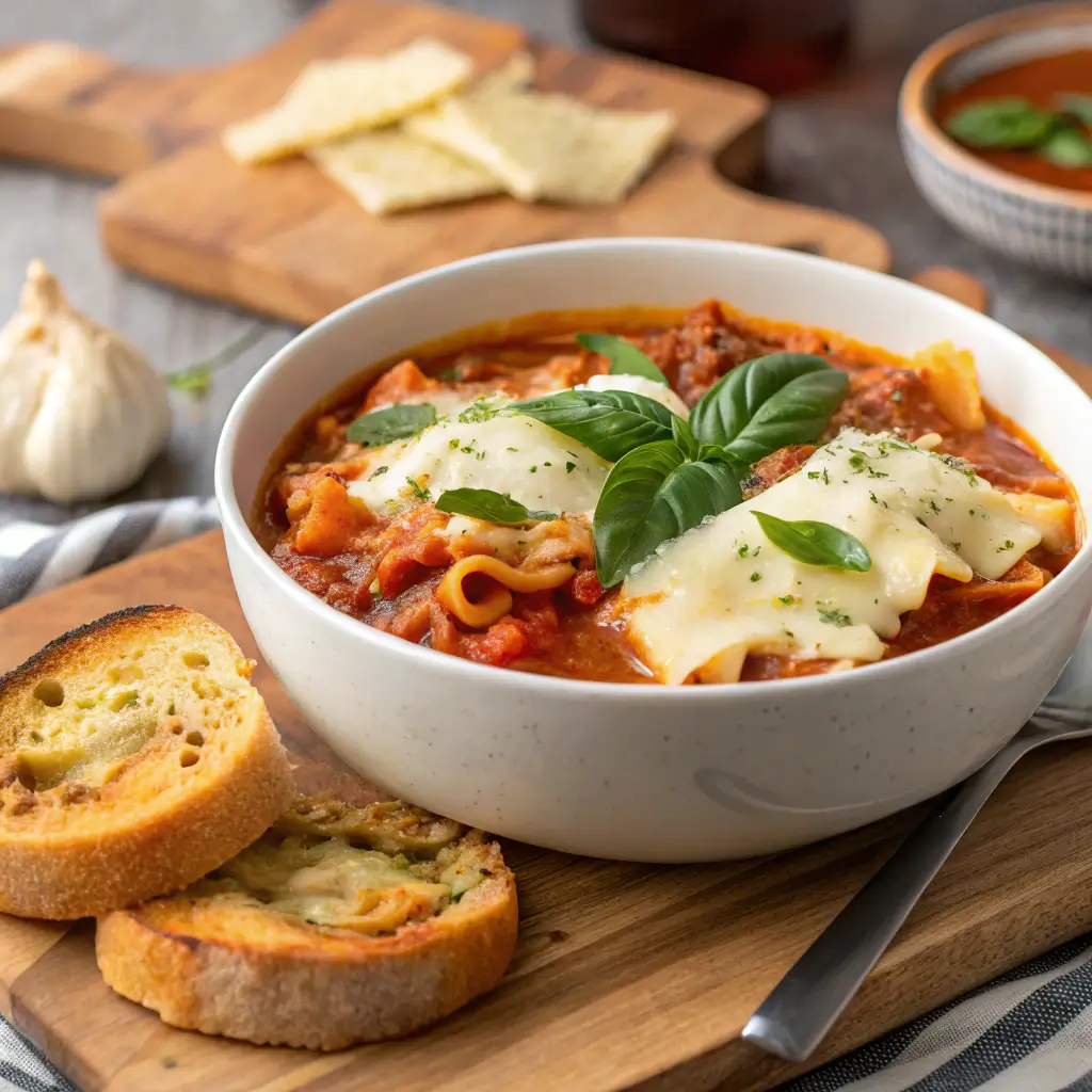 Bowl of slow cooker lasagna soup with cheese and basil