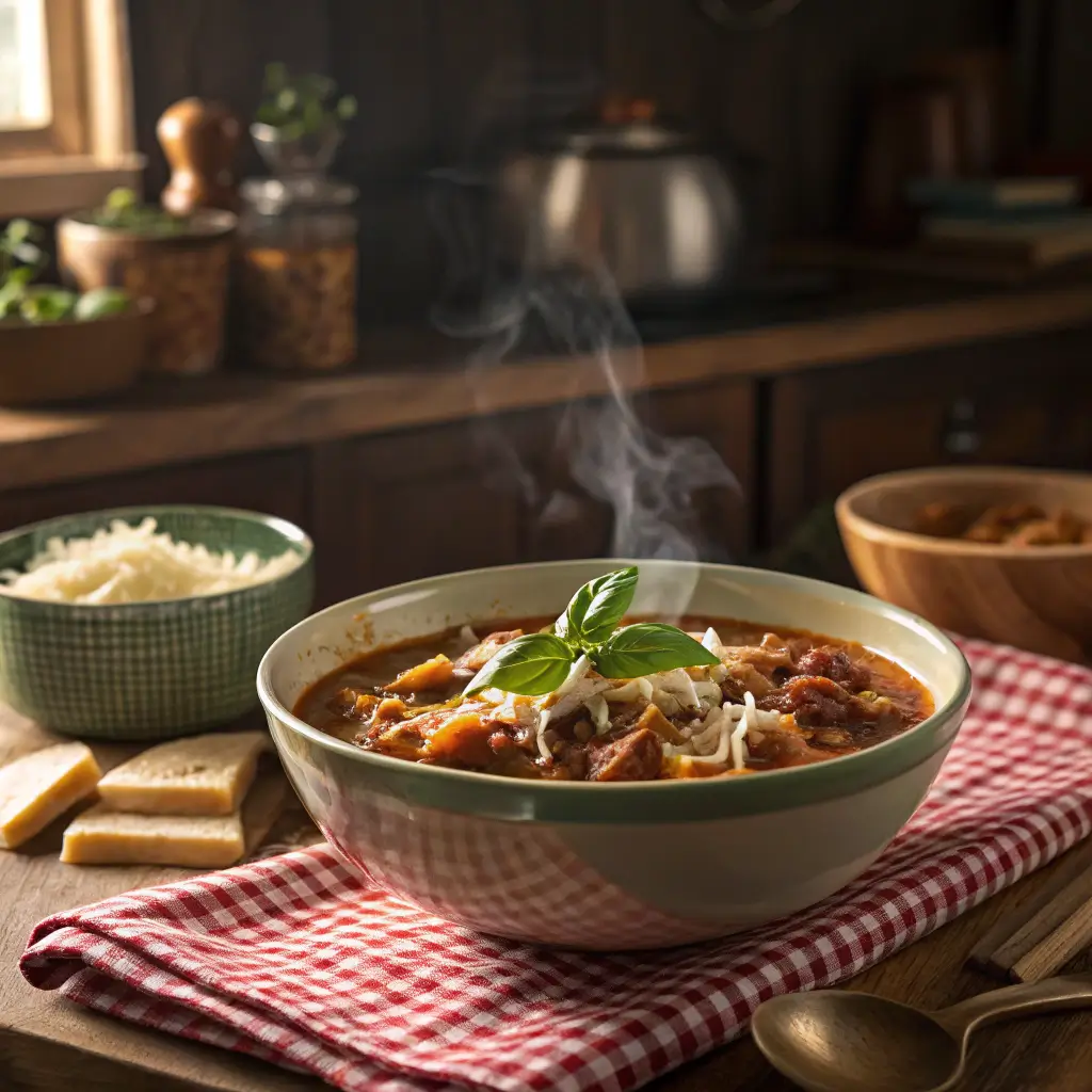 Steaming bowl of slow cooker lasagna soup