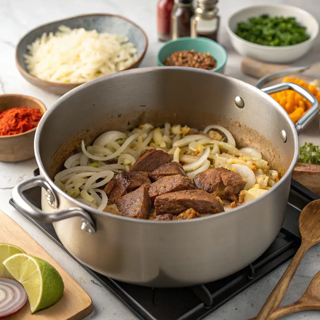 Sautéing onions and garlic for chuck roast tacos
