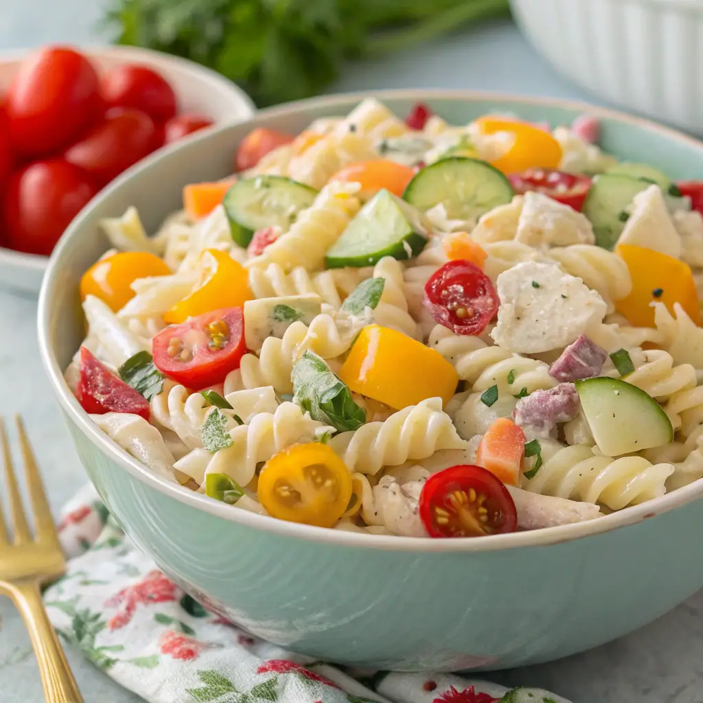 Creamy pasta salad with fresh vegetables