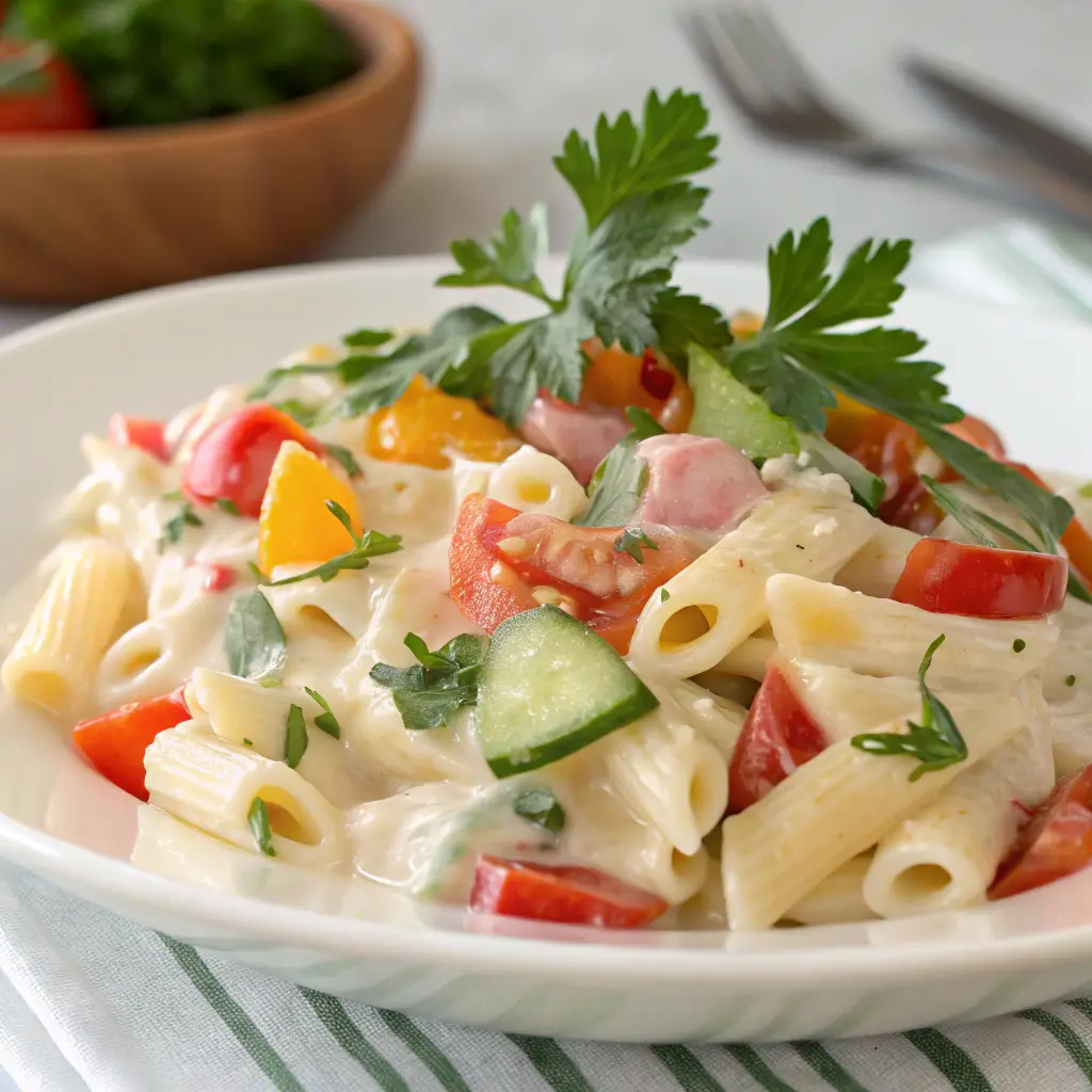 Plated creamy pasta salad