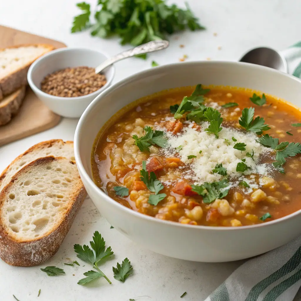 A bowl of pastina soup garnished with cheese and herbs.