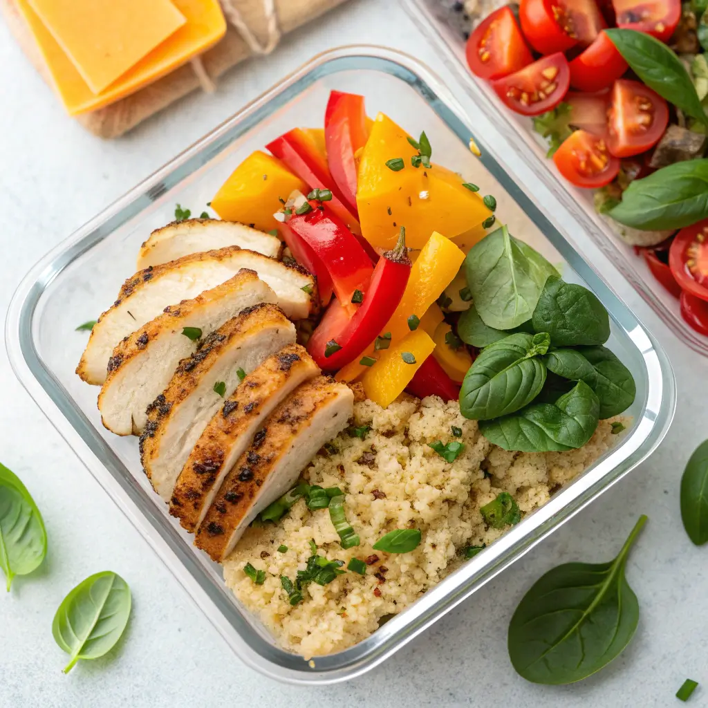 Healthy meal prep container with quinoa and vegetables